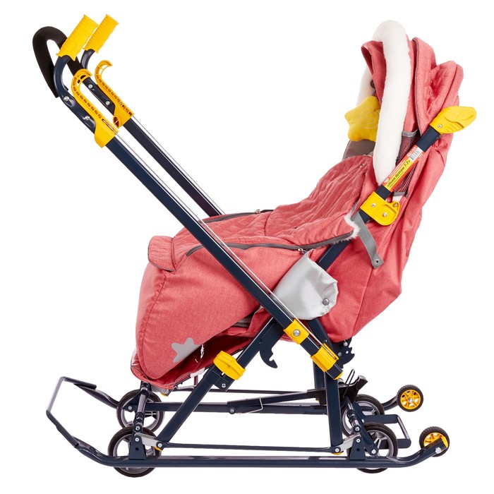 Санки-коляска «Ника Детям НД 7-7», дизайн в джинсовом стиле красный, механизм качания 
