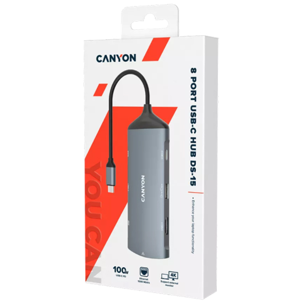 Адаптер Canyon CNS-TDS15  8 в 1 - HDMI - Ethernet - 2 USB C - 2 USB3.1 - USB2.0 - SD