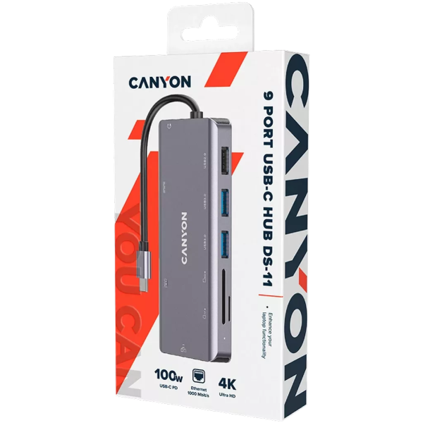 Мультипортовой хаб CANYON CNS-TDS11 9 в 1 - HDMI - Ethernet - Type-C -  2 USB3.0 - USB 2.0 - SD - 3.5mm audio jack