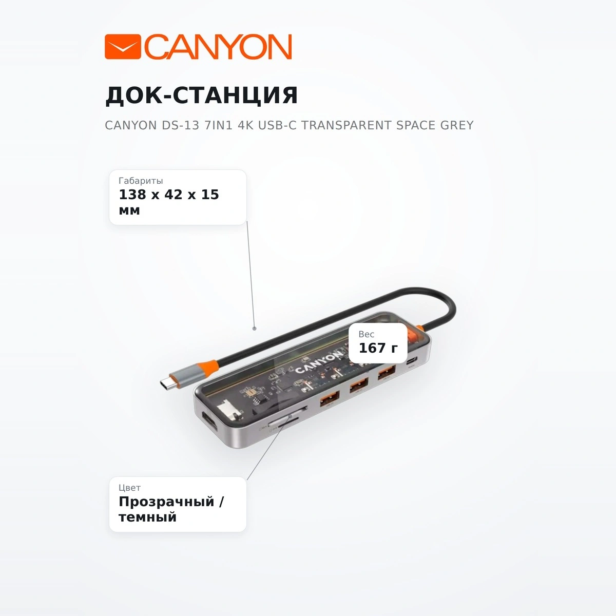 Док-станция Canyon DS-13 7in1 4k USB-C Transparent Space Grey - фото 7
