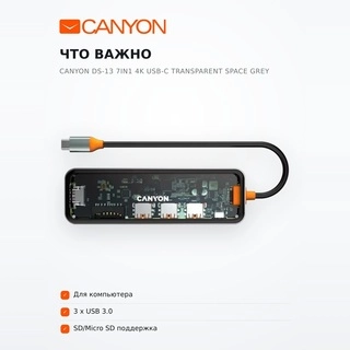 Док-станция Canyon DS-13 7in1 4k USB-C Transparent Space Grey