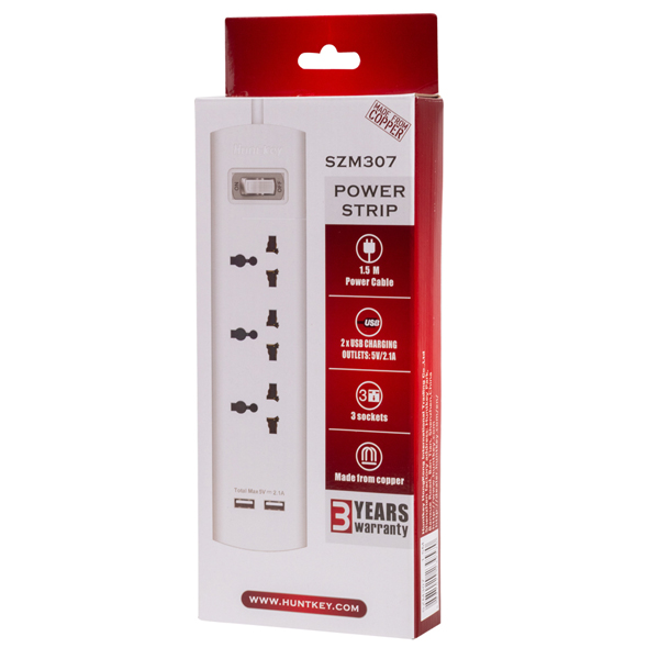HuntKey желілік фильтірі SZM307 3 розеткалар 2 USB 2.1 А 1,5 м ақ
