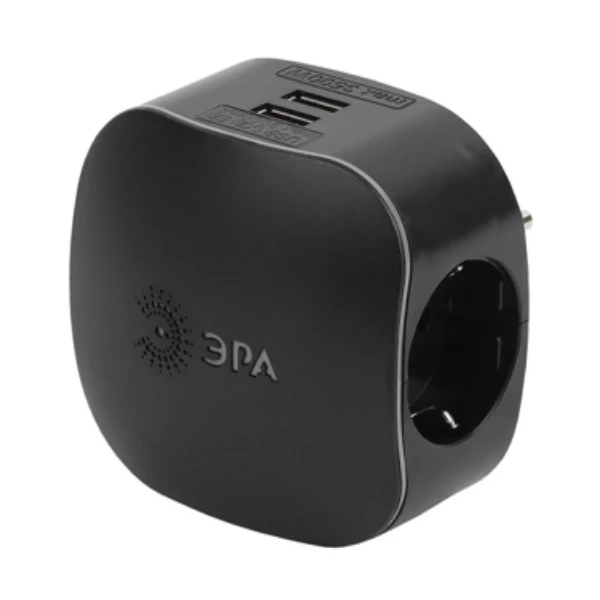 Тройник ЭРА SP-3e-USB-2A Black