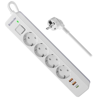 Сетевой фильтр Defender DFS 145 - 5,0 М, 4 розеток, 2xUSB, 1xType-C White
