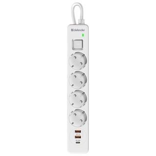 Сетевой фильтр Defender DFS 145 - 5,0 М, 4 розеток, 2xUSB, 1xType-C White