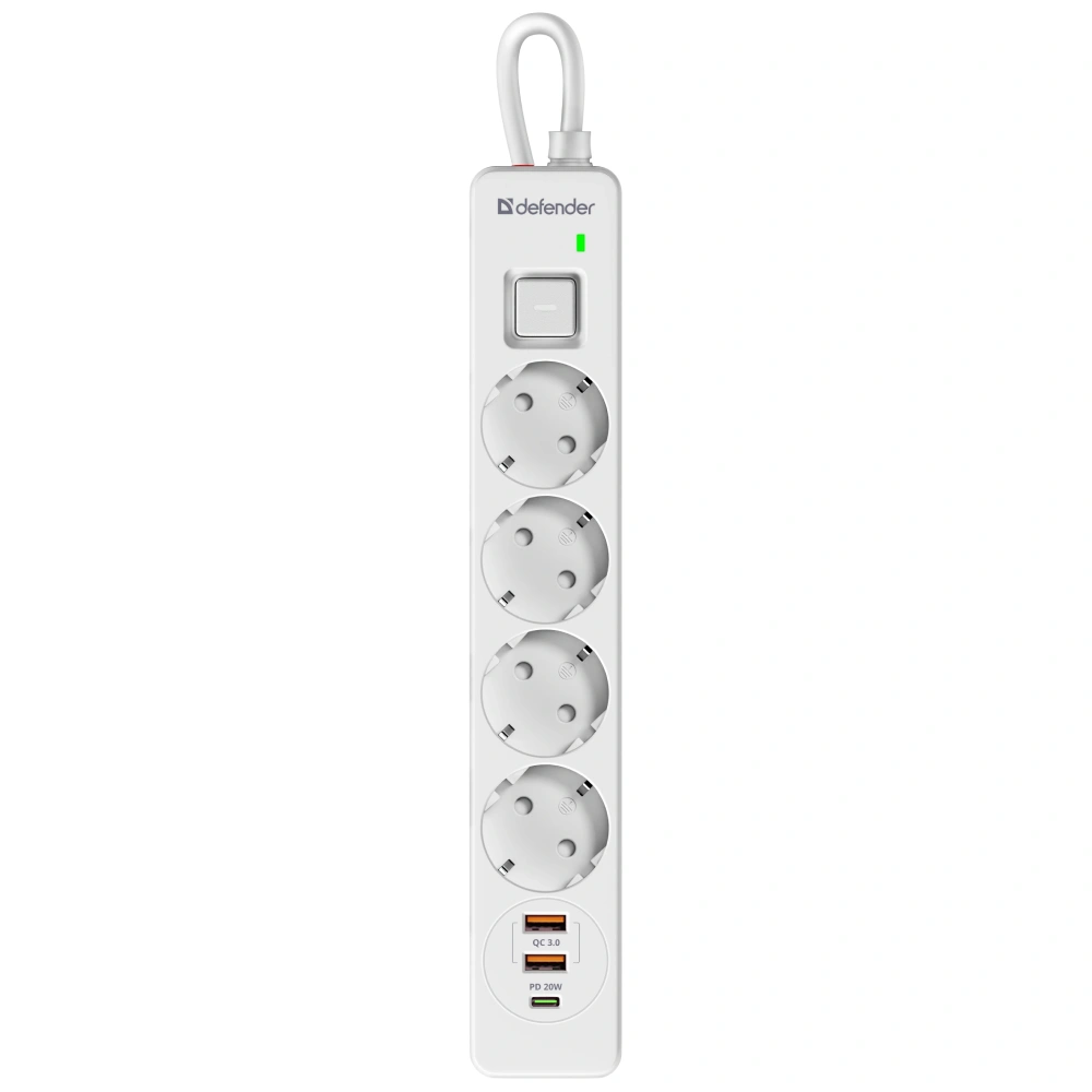 Сетевой фильтр Defender DFS 141 - 1,5 М, 4 розеток, 2xUSB, 1xType-C White - фото 2