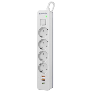 Сетевой фильтр Defender DFS 141 - 1,5 М, 4 розеток, 2xUSB, 1xType-C White