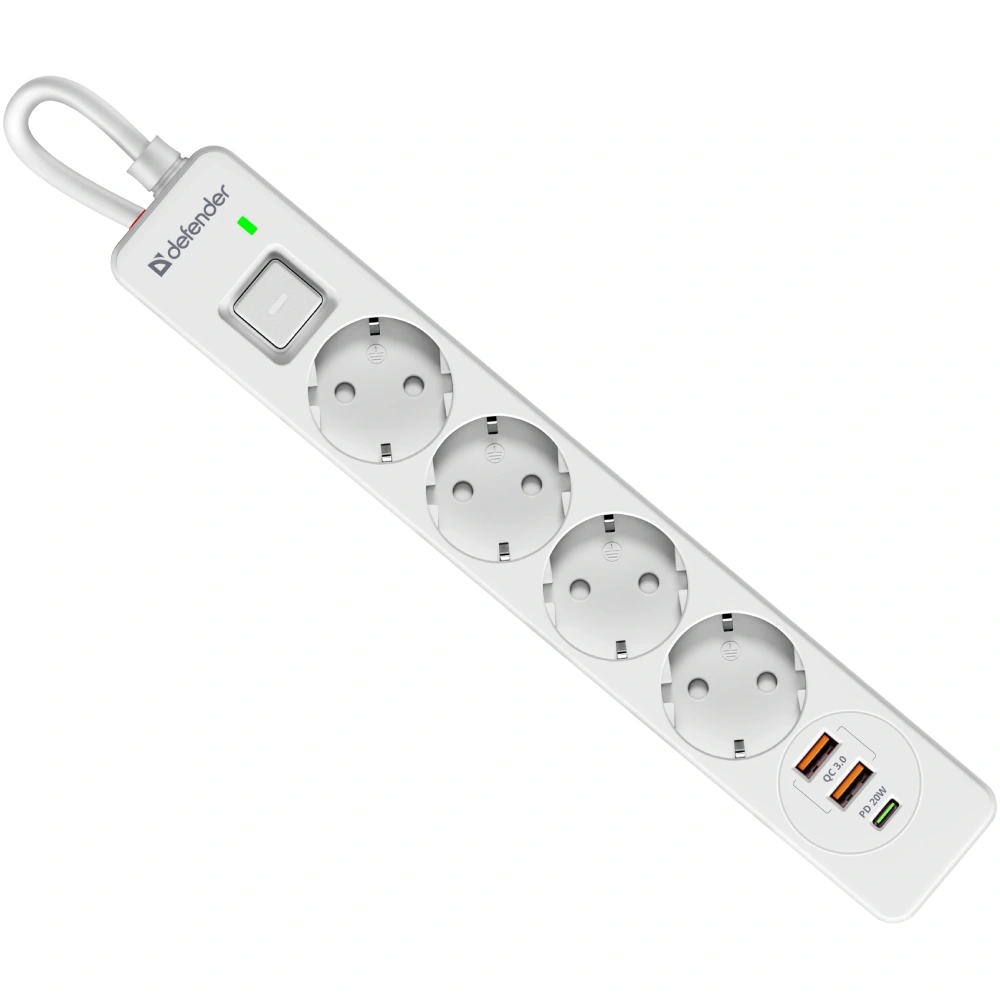 Сетевой фильтр Defender DFS 141 - 1,5 М, 4 розеток, 2xUSB, 1xType-C White