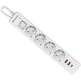Сетевой фильтр Defender DFS 141 - 1,5 М, 4 розеток, 2xUSB, 1xType-C White