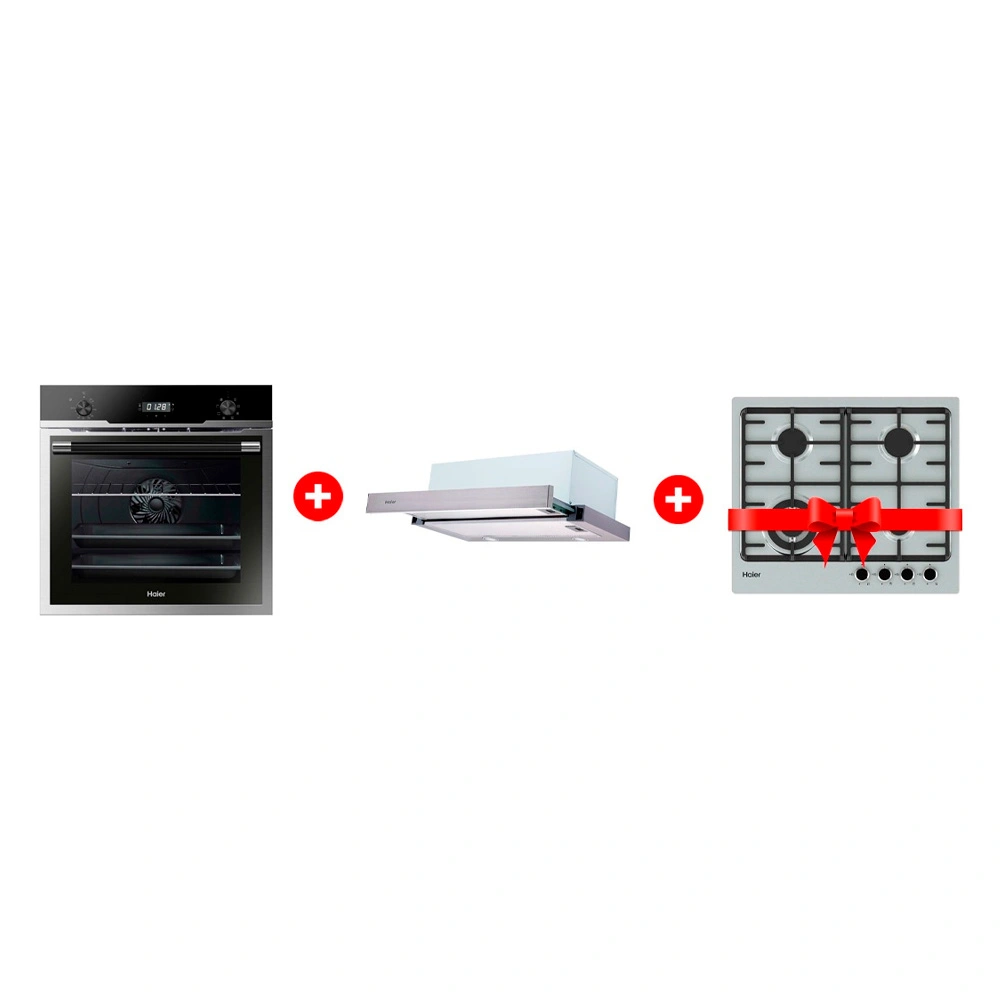 Комплект Вытяжка Haier HVX-T671X + Встраиваемый духовой шкаф Haier HOD-PM08VGBX + Газовая варочная поверхность Haier HHX-M64CWFX 