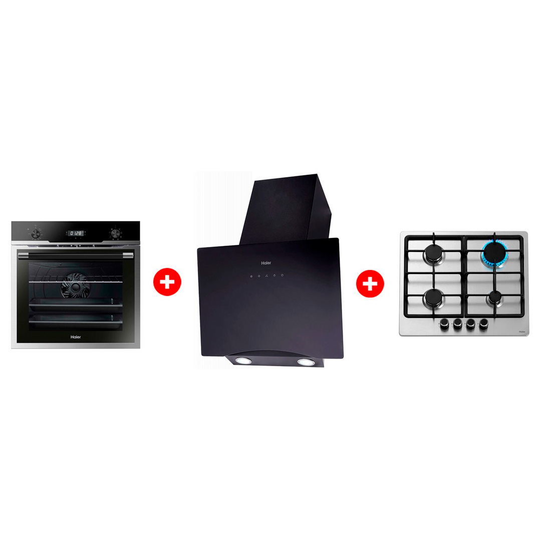Комплект Вытяжка Haier HVX-W692GB + Встраиваемый духовой шкаф Haier HOD-PM08VGBX + Газовая варочная поверхность Haier HHX-M64CNX 