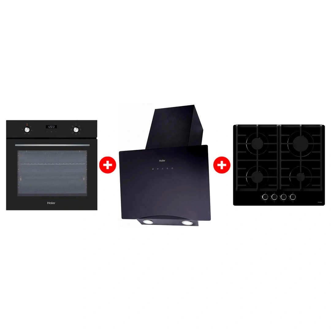 Комплект Вытяжка Haier HVX-W692GB + Встраиваемый духовой шкаф Haier HOX-P06HGB + Газовая варочная поверхность Haier HHX-G64CNB 