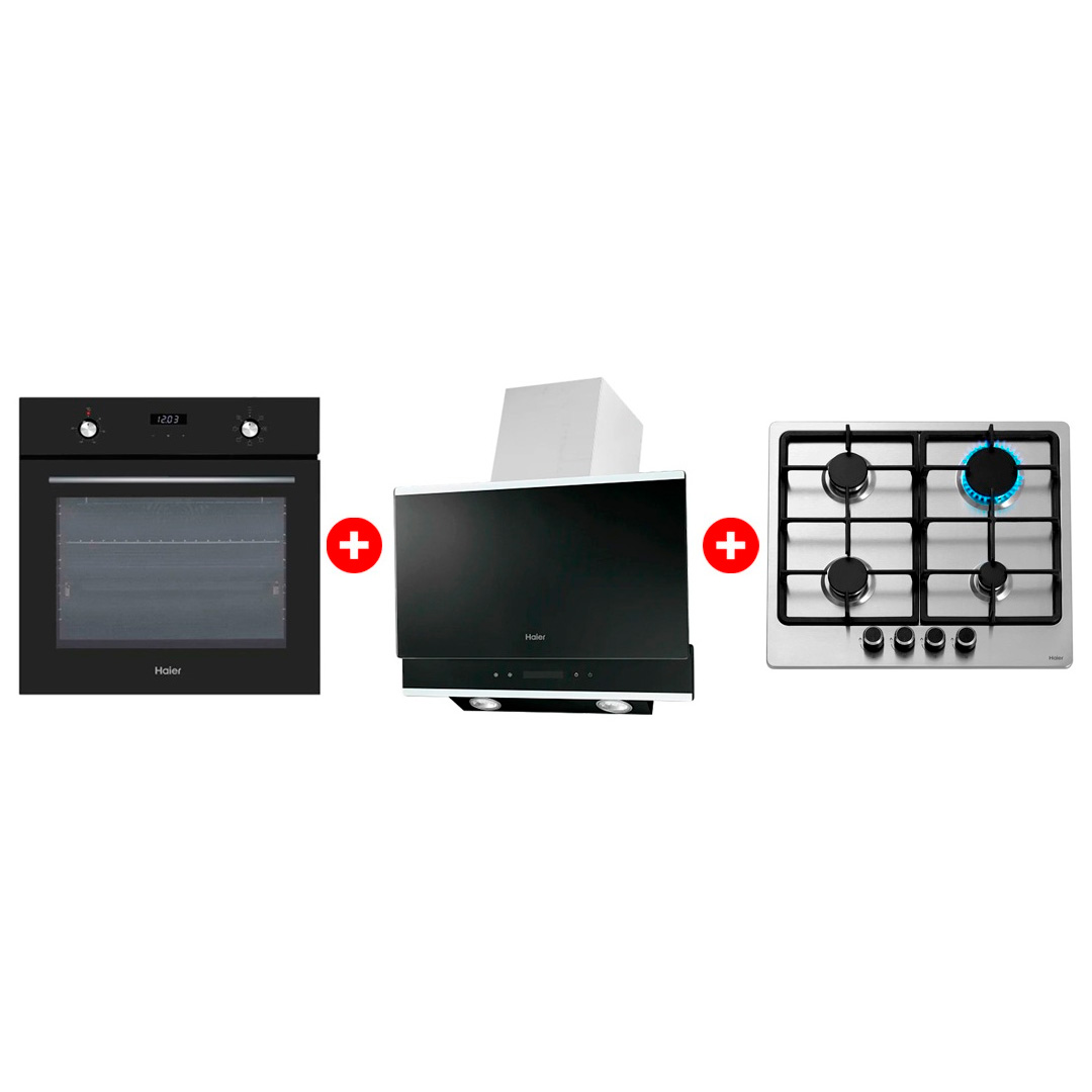 Комплект Вытяжка Haier HVX-W672GBX + Встраиваемый духовой шкаф Haier HOX-P06HGB + Газовая варочная поверхность Haier HHX-M64CNX 