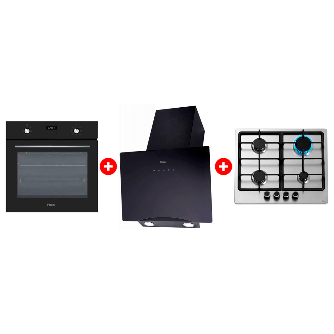 Комплект Вытяжка Haier HVX-W692GB + Встраиваемый духовой шкаф Haier HOX-P06HGB + Газовая варочная поверхность Haier HHX-M64CNX 