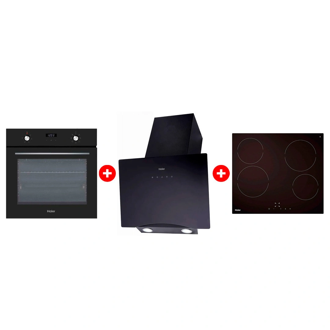 Комплект Вытяжка Haier HVX-W692GB + Стеклокерамическая варочная поверхность Haier HHY-C64NVTB + Встраиваемый духовой шкаф Haier HOX-P06HGB 