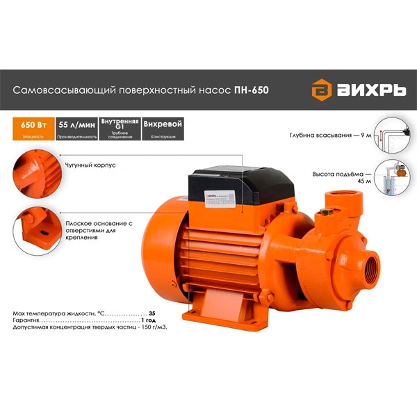 Поверхностный насос Вихрь ПН-650 - фото 4