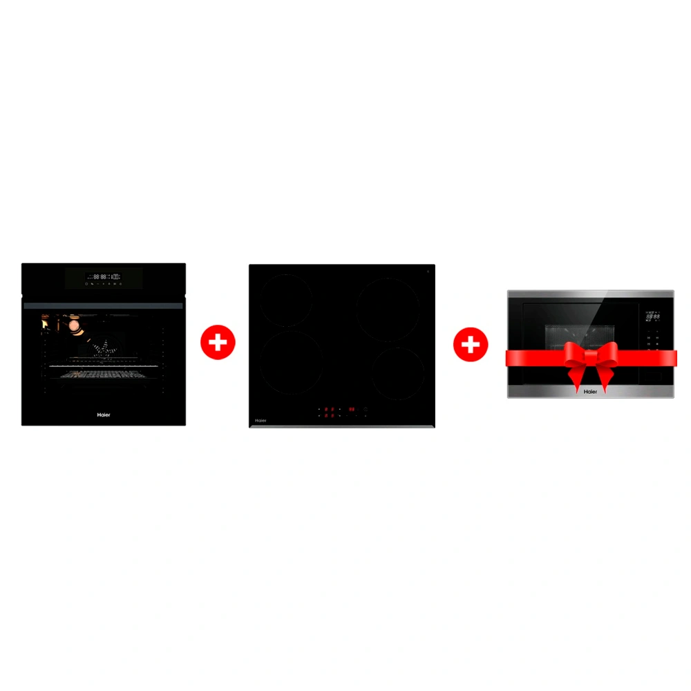 Комплект Стеклокерамическая варочная поверхность Haier HHY-C64RVB + Встраиваемая микроволновая печь Haier HMX-BTG259X + Встраиваемый духовой шкаф Haier HOX-FP3AGB 