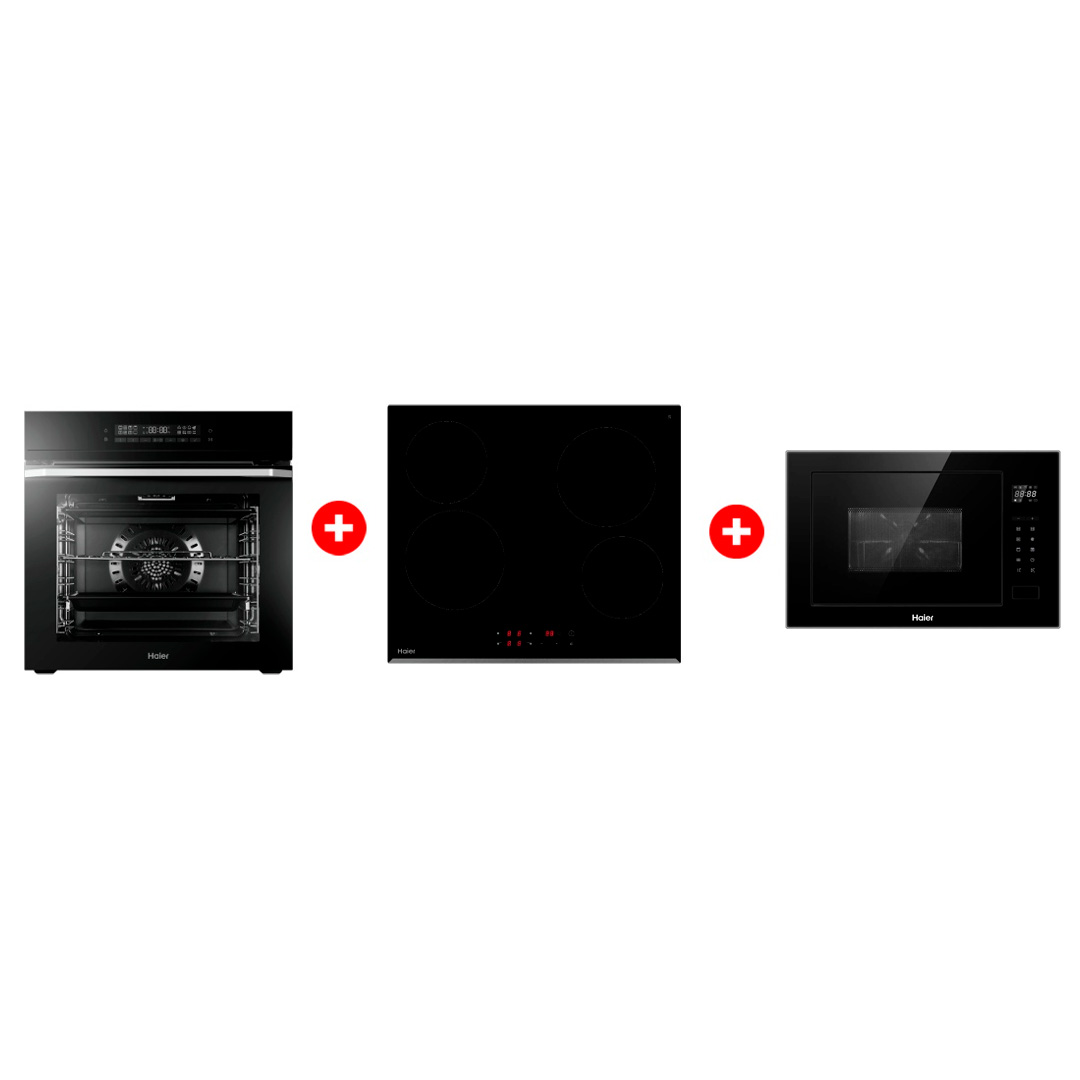 Комплект Стеклокерамическая варочная поверхность Haier HHY-C64RVB + Встраиваемая микроволновая печь Haier HMX-BTG259B + Встраиваемый духовой шкаф Haier HOQ-F5AAGB 