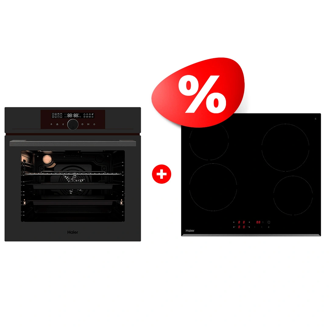 Комплект Стеклокерамическая варочная поверхность Haier + Встраиваемый духовой шкаф Haier HHY-C64RVB + HOX-FP5AGG
