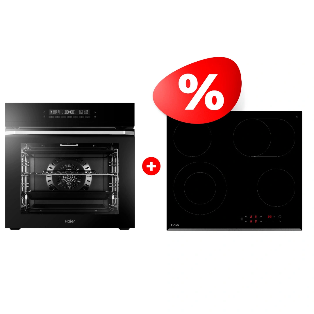 Жиынтық Haier шыны керамикалық плитасы HHY-C64ROVB + Haier кіріктірілетін тұмша шкафы HOQ-F5AAGB 