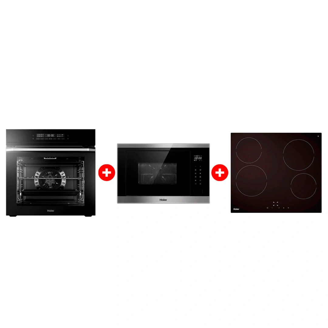Жиынтық Стеклокерамическая варочная поверхность Haier HHY-C64NVTB + Haier  кіріктірілетін микротолқынды пеші HMX-BTG259X + Haier кіріктірілетін тұмша шкафы HOQ-F5AAGB 