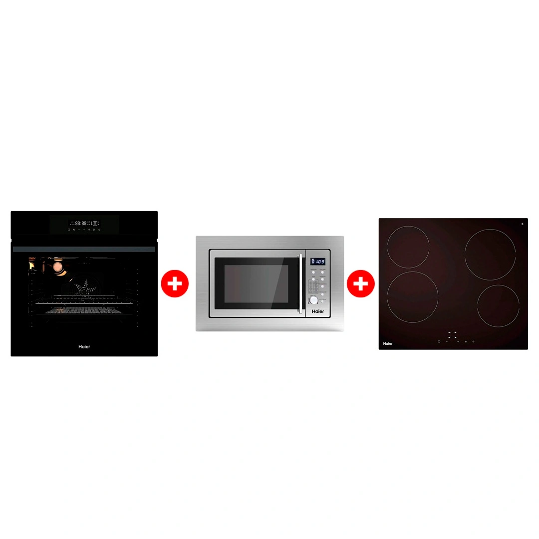 Жиынтық Стеклокерамическая варочная поверхность Haier HHY-C64NVTB + Haier  кіріктірілетін микротолқынды пеші HMX-BDG259LX + Haier кіріктірілетін тұмша шкафы HOX-FP3AGB 