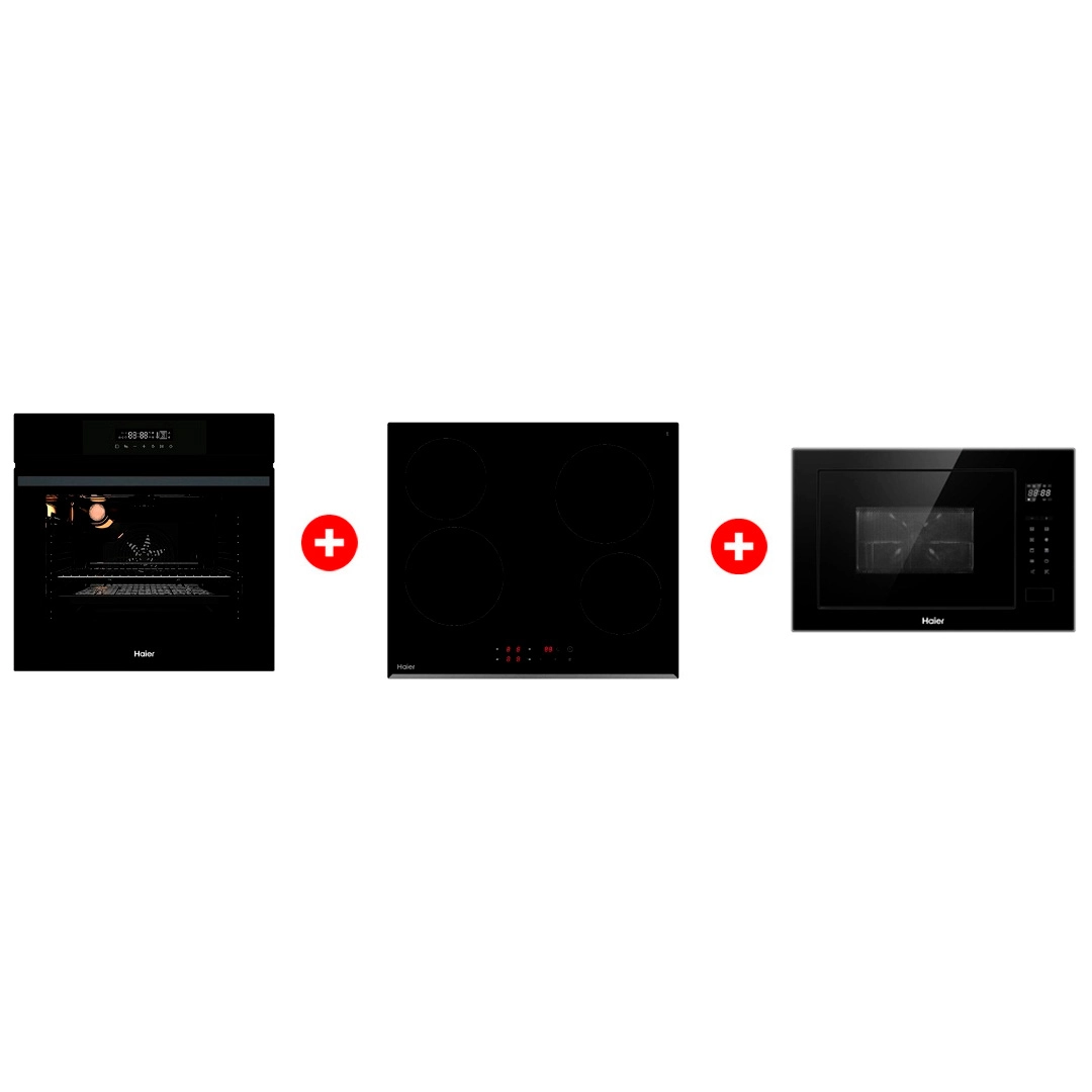 Жиынтық Haier шыны керамикалық плитасы HHY-C64RVB + Haier  кіріктірілетін микротолқынды пеші HMX-BTG259B + Haier кіріктірілетін тұмша шкафы HOX-FP3AGB 