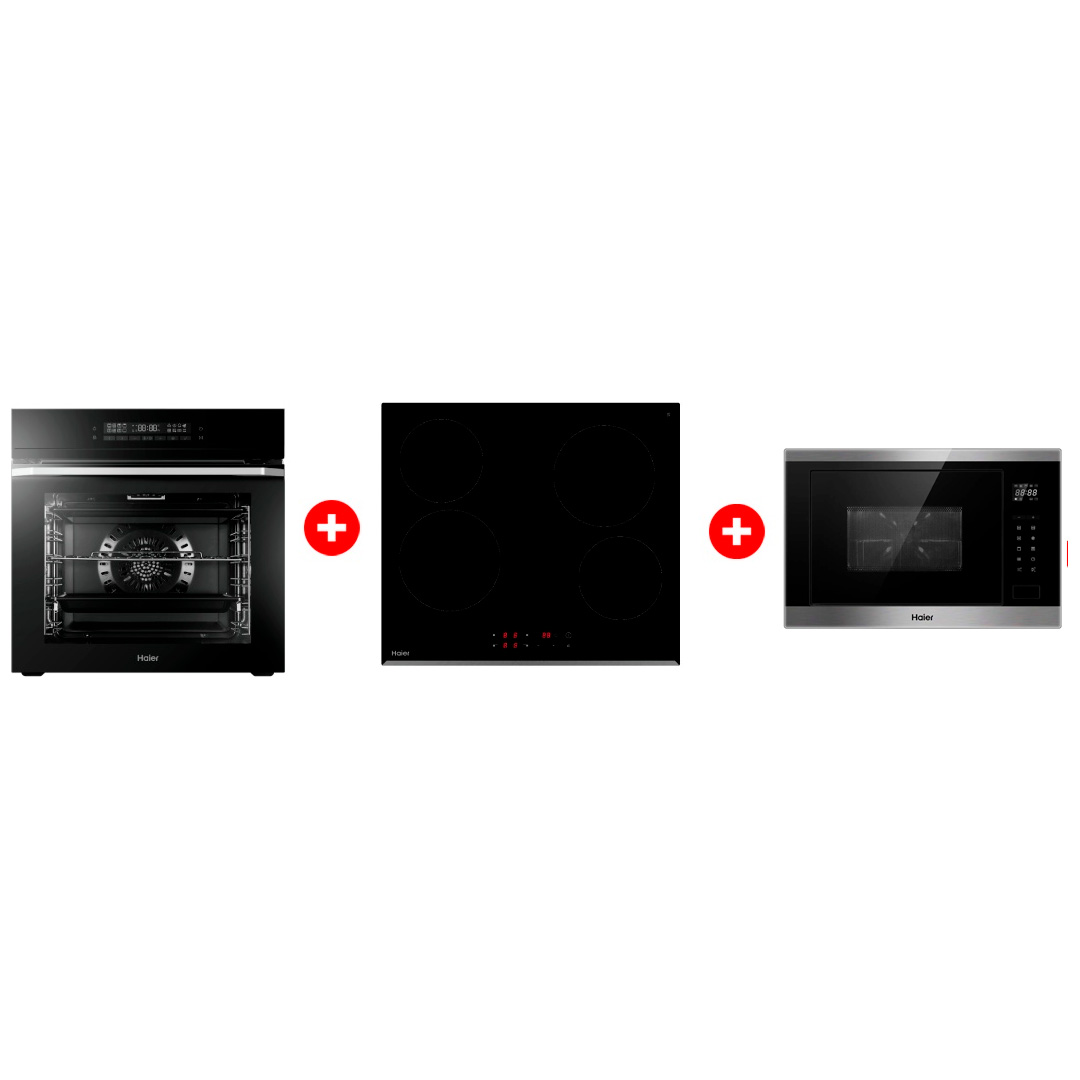 Комплект Стеклокерамическая варочная поверхность Haier HHY-C64RVB + Встраиваемая микроволновая печь Haier HMX-BTG259X + Встраиваемый духовой шкаф Haier HOQ-F5AAGB 