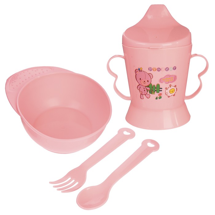 Набор детской посуды, 4 предмета: миска, ложка, вилка, поильник с твёрдым носиком 200 мл, цвета МИКС 