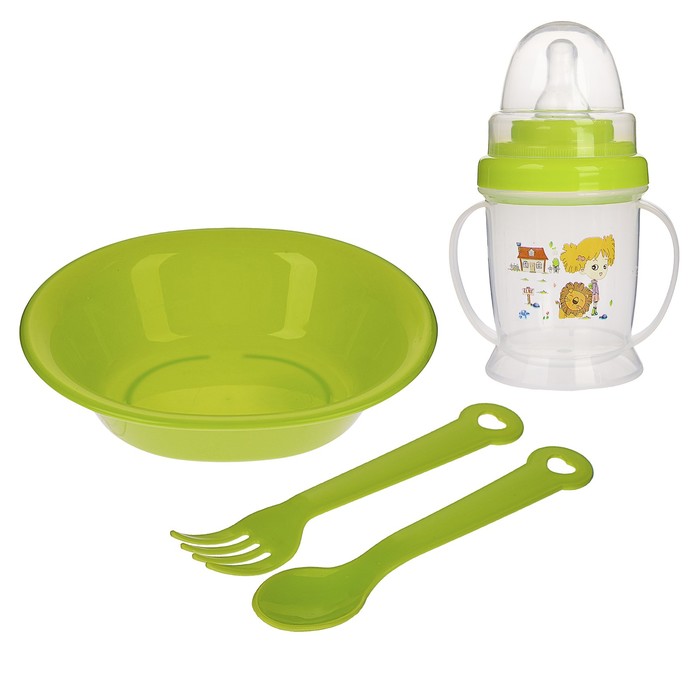 Набор детской посуды, 4 предмета: миска, ложка, вилка, поильник с соской 200 мл, цвета МИКС 