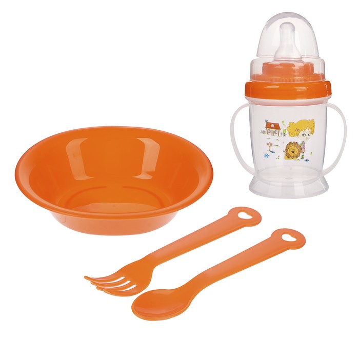 Набор детской посуды, 4 предмета: миска, ложка, вилка, поильник с соской 200 мл, цвета МИКС 