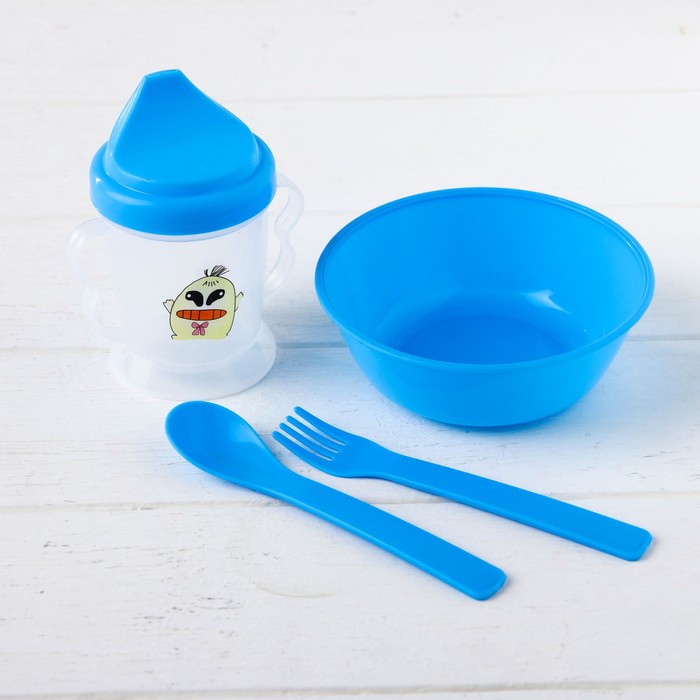 Набор детской посуды, 4 предмета: миска, поильник, ложка и вилка, цвета МИКС 