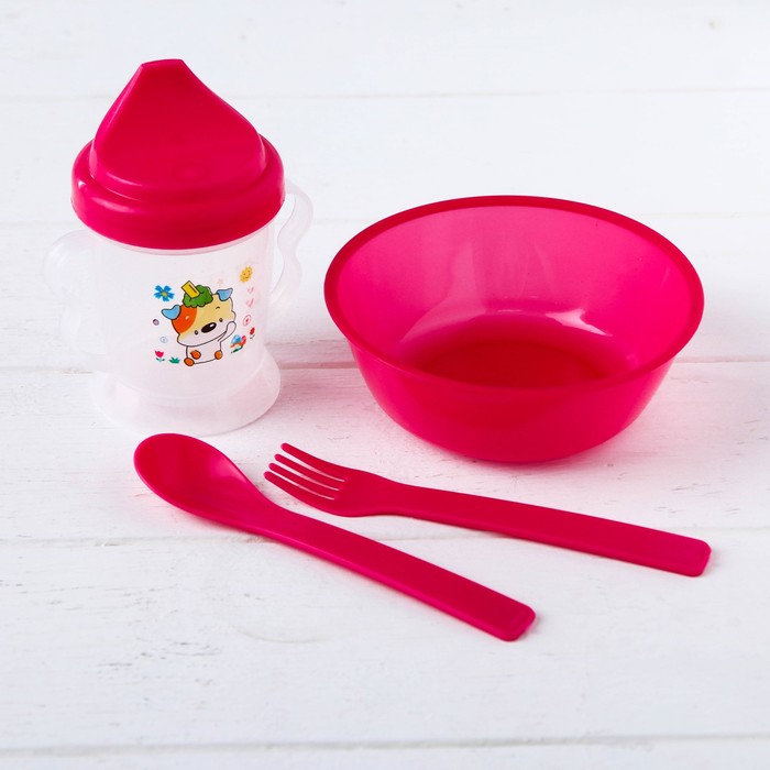 Набор детской посуды, 4 предмета: миска, поильник, ложка и вилка, цвета МИКС 