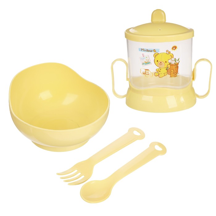 Набор детской посуды, 4 предмета: миска, ложка, вилка, поильник с твёрдым носиком 200 мл, цвета МИКС 