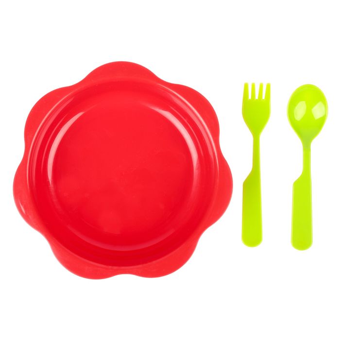 Набор детской посуды, 4 предмета: тарелка глубокая 16 см, кружка-поильник 180 мл, ложка, вилка, от 6 мес., цвет красный/зелёный 