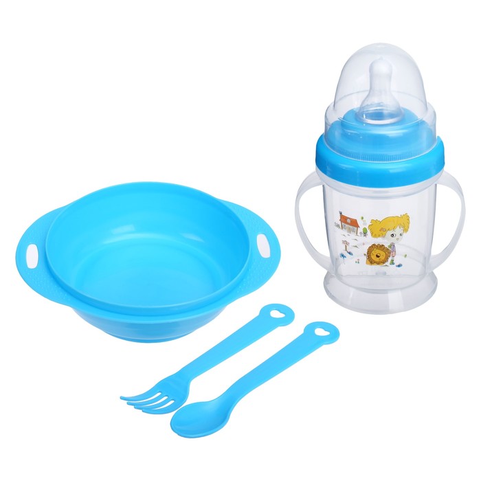 Набор детской посуды, 4 предмета: миска 200 мл, бутылочка для кормления 180 мл, ложка, вилка, цвета МИКС 