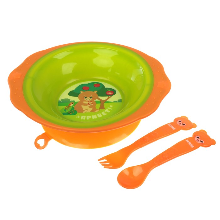 Набор детской посуды «Лесные друзья», 3 предмета: тарелка на присоске 250 мл, ложка, вилка, от 5 мес. 