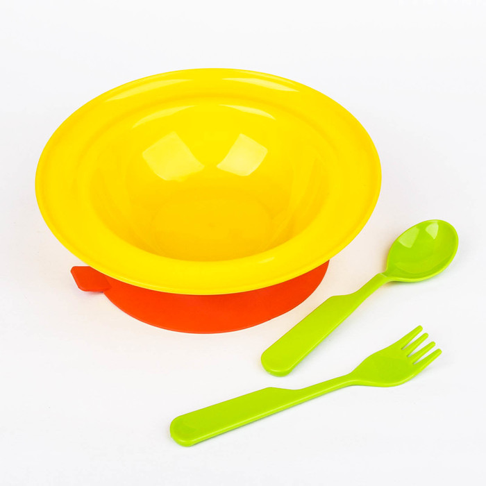 Набор детской посуды, 3 предмета: тарелка на присоске 280 мл, ложка, вилка, от 6 мес., цвет жёлтый МИКС 