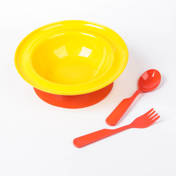 Набор детской посуды, 3 предмета: тарелка на присоске 280 мл, ложка, вилка, от 6 мес., цвет жёлтый МИКС 