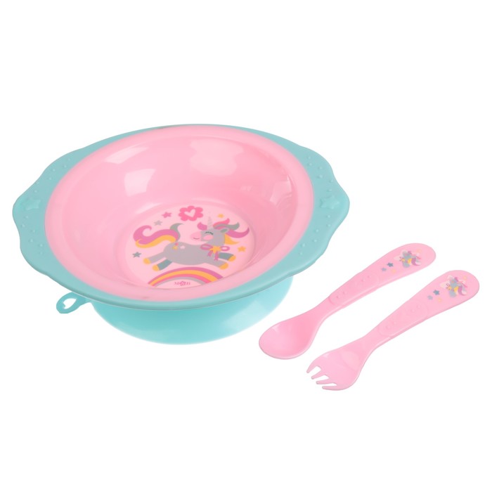 Набор детской посуды «Волшебная пони», 3 предмета: тарелка на присоске 250 мл, ложка, вилка, от 5 мес. 