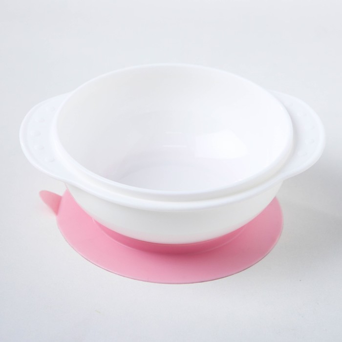 Набор для кормления, 3 предмета: миска на присоске 400 мл, крышка, ложка, цвет присоски розовый, цвет крышки МИКС 