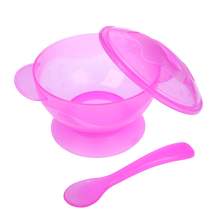 Набор детской посуды, 3 предмета: миска на присоске 330 мл, крышка, ложка, от 5 мес., цвет розовый 
