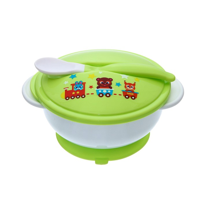 Набор детской посуды «Друзья», 3 предмета: тарелка на присоске, крышка, ложка, цвет зелёный 