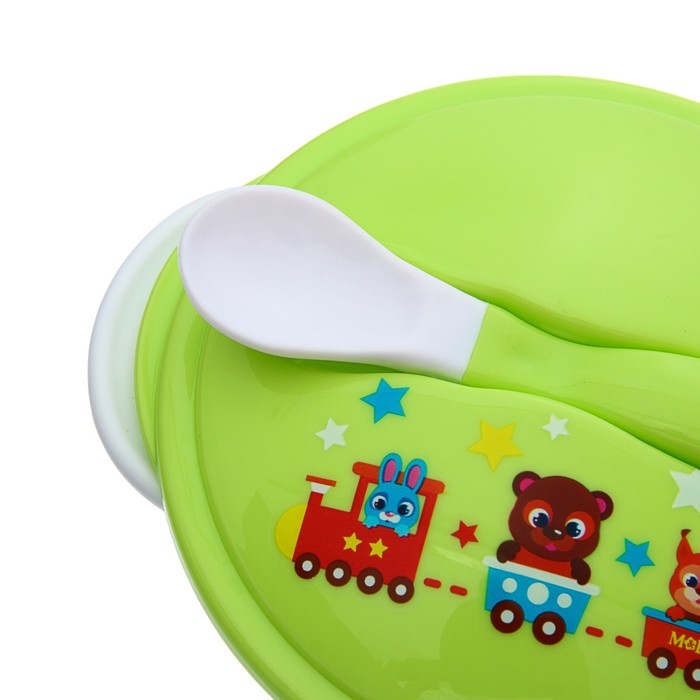 Набор детской посуды «Друзья», 3 предмета: тарелка на присоске, крышка, ложка, цвет зелёный 