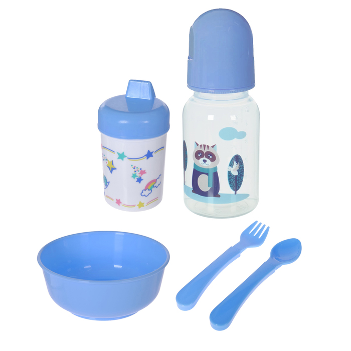 Набор для кормления, 5 предметов: бутылочка детская 125 мл, поильник 125 мл, тарелка, ложка, вилка, цвет голубой 
