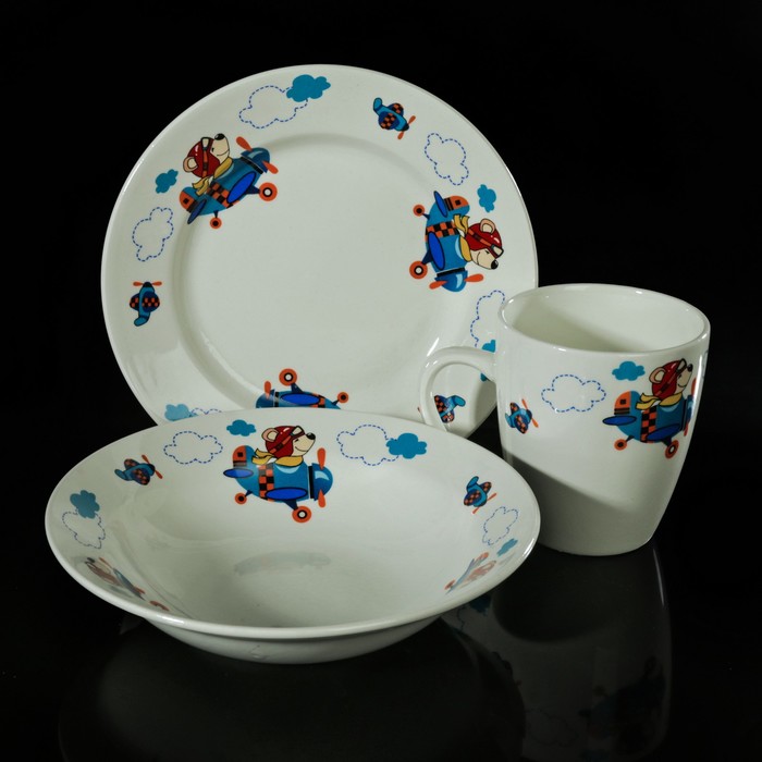 Набор детской посуды "Пилот", 3 предмета: тарелка 17,5 см, миска 250 мл (d=17,5 см), кружка 260 мл , рисунок МИКС 