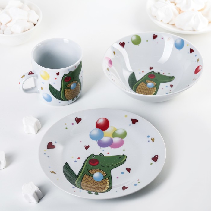Набор детской посуды "Крокодильчик", 3 предмета: кружка 250 мл, миска 400 мл, тарелка 18 см 