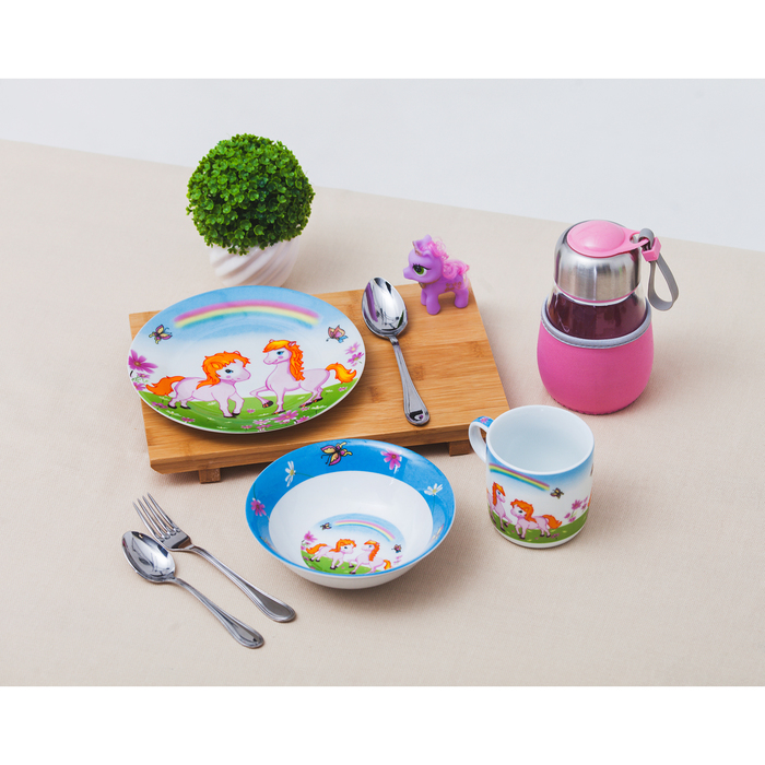 Набор детской посуды "Пони", 3 предмета: кружка 230 мл, миска 400 мл, тарелка 18 см 