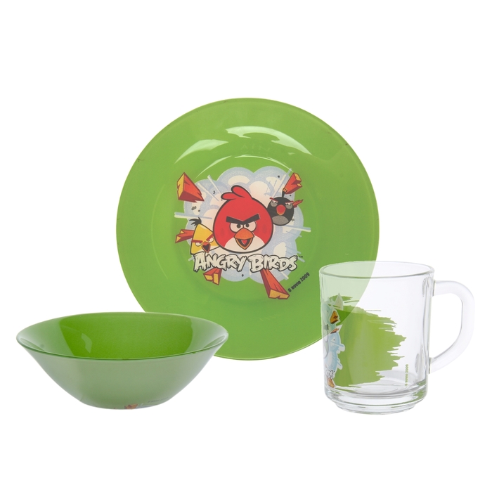 Набор посуды "Angry Birds. Зелёный", 3 предмета: кружка 250 мл, тарелка 19,5 см, салатник 14 см 