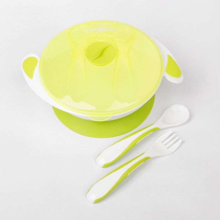 Набор детской посуды Basic, 4 предмета: миска на присоске 400 мл, крышка, ложка, вилка, от 5 мес., цвет лайм 